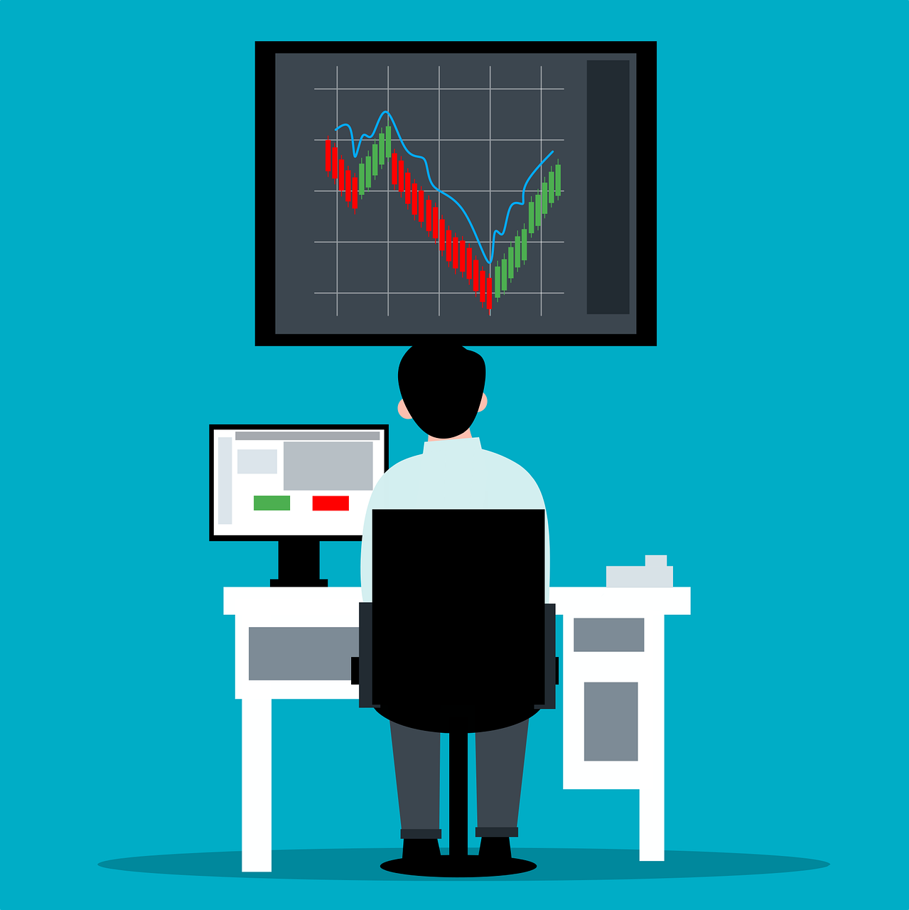 Illustration représentant un individu assis face à un écran présentant un graphique